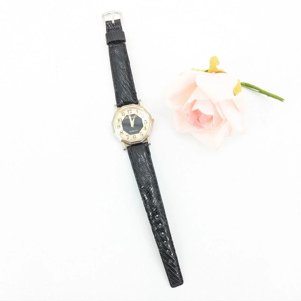 Vintage Lt. Bernard Holographic Black Gold Women's Leather Watch
